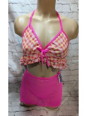 BODYZONE VINTAGE Gingham lingerie dancer sheer skirt and ruffle top NWT